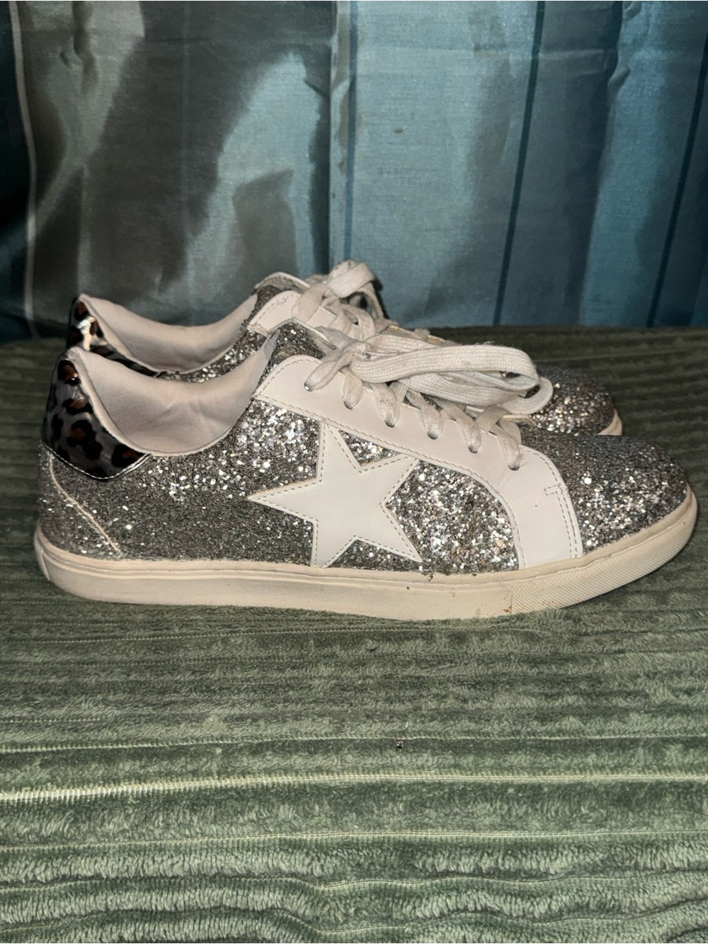 Betsey Johnson Silver Glitter Star Lace-Up Sneakers with Leopard Heel
